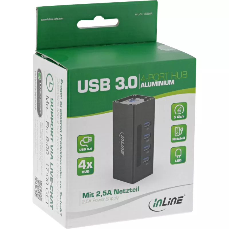InLine USB 3.0 -keskitin, 4 porttia, alumiinikotelo, 2,5A virtalähteellä
