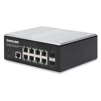 Intellinet Industrial 8-porttinen Gigabit Ethernet PoE+ Layer 2+ Web-Managed -kytkin 2 SFP-portilla, IEEE 802.3at/af (PoE+/PoE) -yhteensopiva, PoE-tehobudjetti jopa 240 W, Layer 2+/Layer 3 Lite, IP30-sertifioitu metallikotelo, itsekorjautuva verkko, Endsp