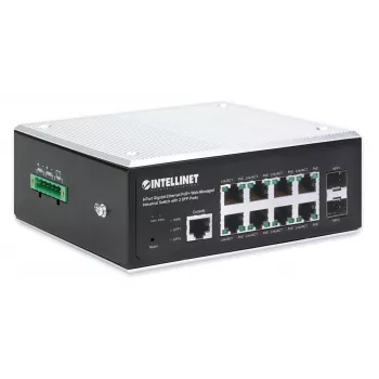 Intellinet Industrial 8-porttinen Gigabit Ethernet PoE+ Layer 2+ Web-Managed -kytkin 2 SFP-portilla, IEEE 802.3at/af (PoE+/PoE) -yhteensopiva, PoE-tehobudjetti jopa 240 W, Layer 2+/Layer 3 Lite, IP30-sertifioitu metallikotelo, itsekorjautuva verkko, Endsp