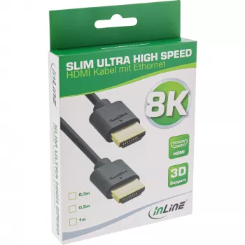 InLine ohut Ultra High Speed HDMI -kaapeli M/M 8K4K kullattu musta 0,5 m