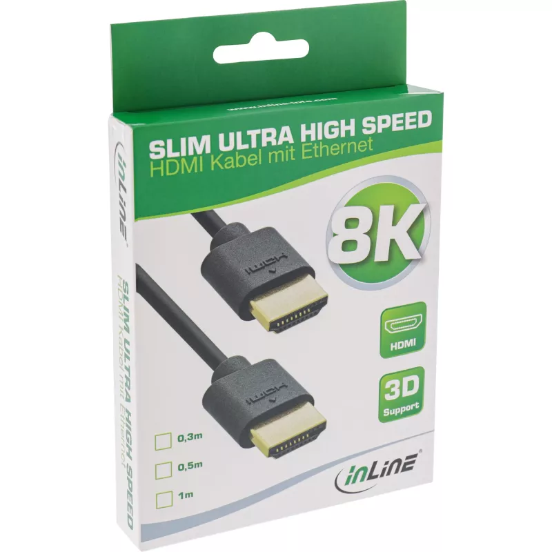 InLine ohut Ultra High Speed HDMI -kaapeli M/M 8K4K kullattu musta 0,5 m
