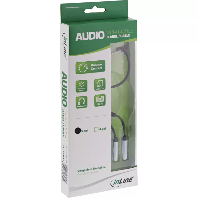 InLine ohut audio-Y-kaapeli 3,5 mm pistoke / 2x liitin, äänenvoimakkuuden säädöllä 0,25 m