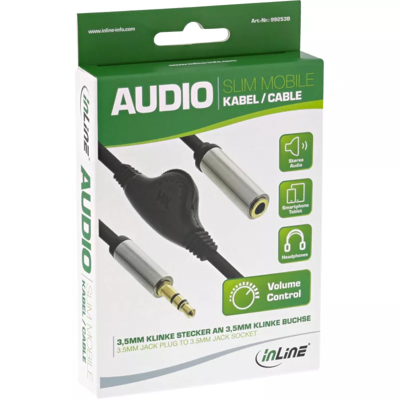 InLine ohut audiokaapeli 3,5 mm pistoke / liitin äänenvoimakkuuden säädöllä 0,25 m