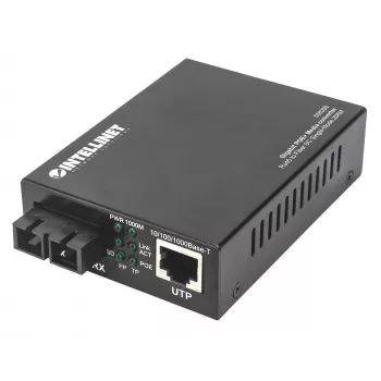 Intellinet Gigabit PoE+ -mediakonvertteri, 1000Base-T RJ45 -portti 1000Base-LX (SC) yksimuotoon, 20 km, PoE+-injektori