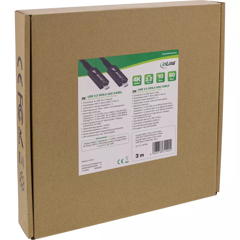 InLine USB 3.2 Gen.2 AOC -kaapeli, USB-C uros/uros, musta, 3 m