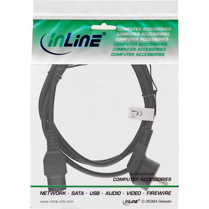 InLine virtakaapeli, CEE7/7 kulma – C15 suora, 3 x 1 mm², musta, 1 m
