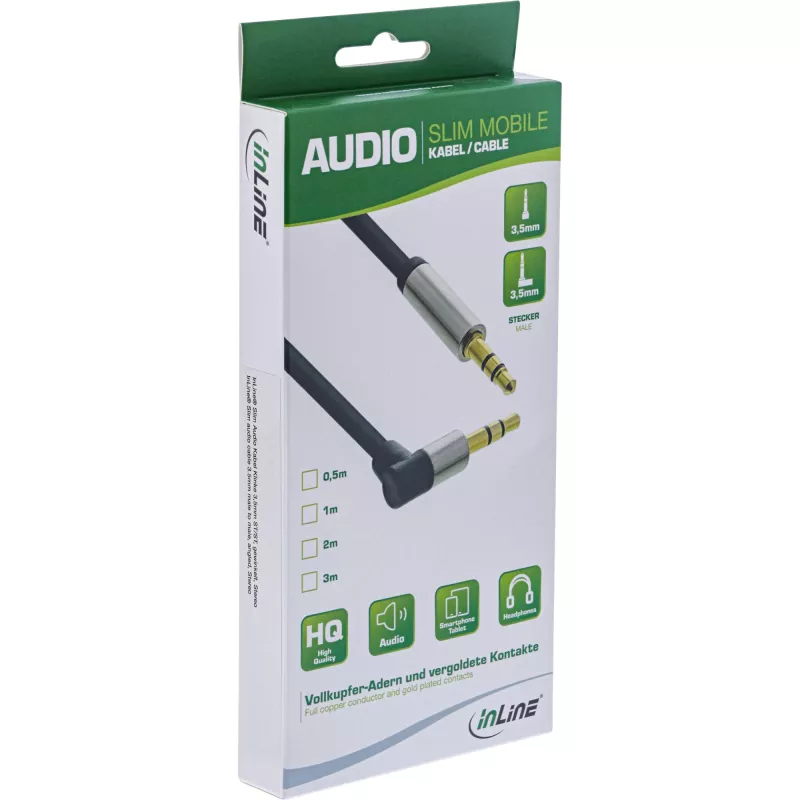 InLine ohut audiokaapeli 3,5 mm uros/uros kulma stereo 3 m