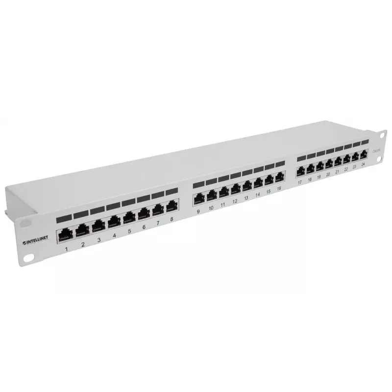 Intellinet patch-paneeli, Cat6a, FTP, 24-portti, 1U, suojattu, 90° Top-Entry LSA-liuskat, harmaa