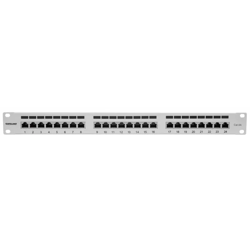 Intellinet patch-paneeli, Cat6a, FTP, 24-portti, 1U, suojattu, 90° Top-Entry LSA-liuskat, harmaa