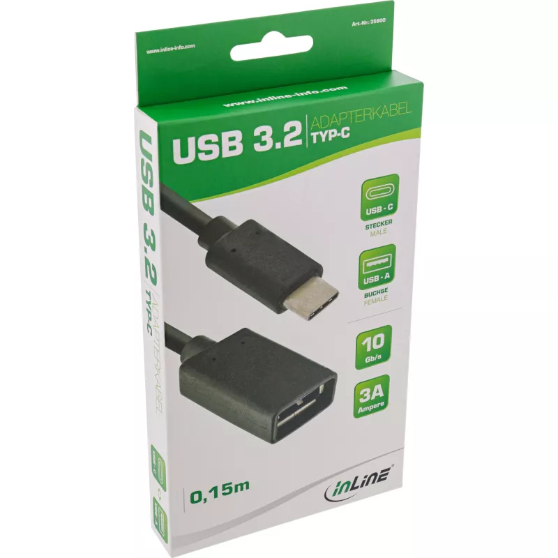 InLine USB 3.2 Gen.1x2 adapterikaapeli, USB-C pistoke / A liitäntä, musta, 0,15 m