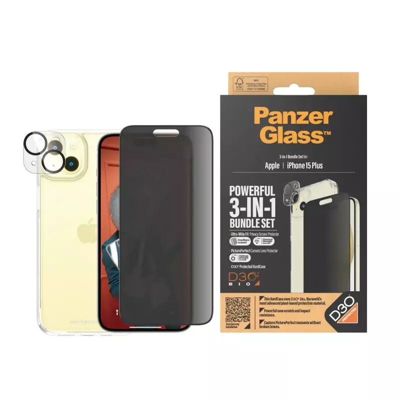PanzerGlass Privacy 3-in-1 -pakkaus iPhone 15 Plus panssarilasi