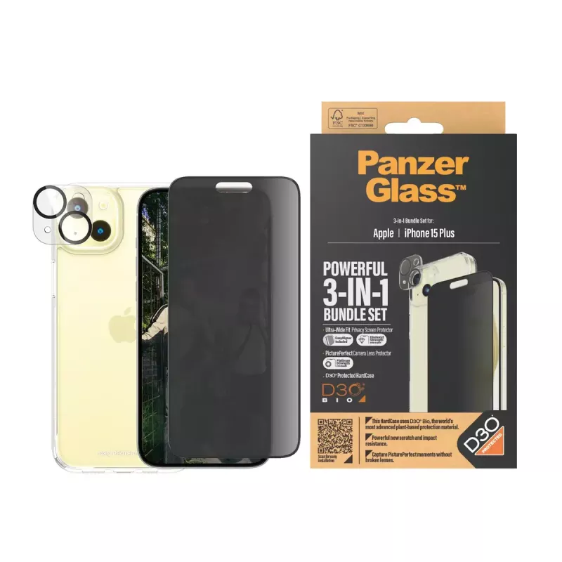 PanzerGlass Privacy 3-in-1 -pakkaus iPhone 15 Plus panssarilasi