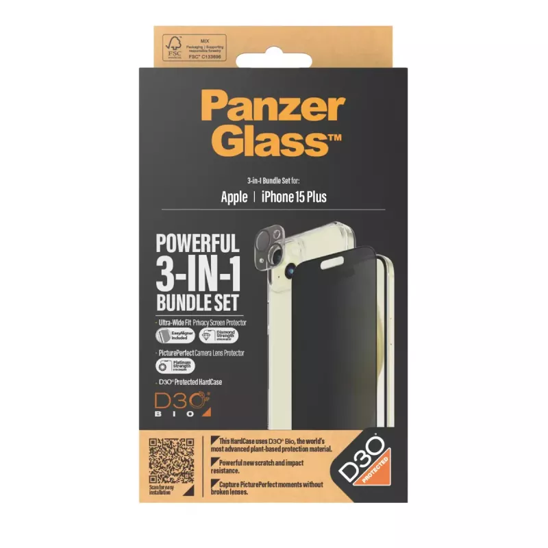 PanzerGlass Privacy 3-in-1 -pakkaus iPhone 15 Plus panssarilasi