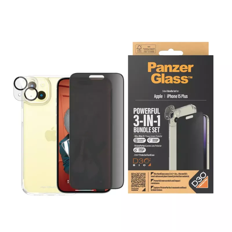 PanzerGlass Privacy 3-in-1 -pakkaus iPhone 15 Plus panssarilasi