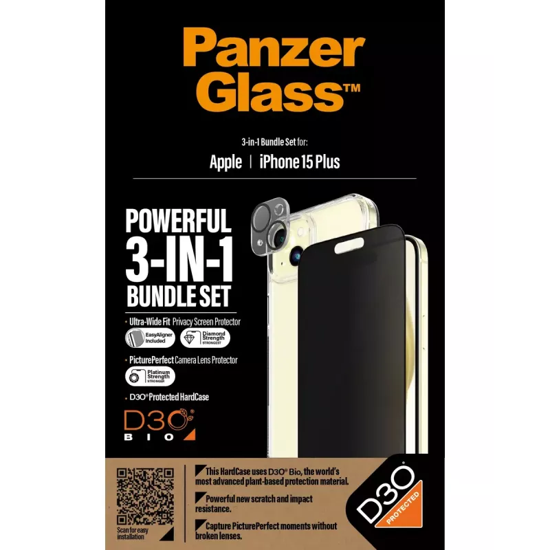 PanzerGlass 3-in-1 -pakkaus iPhone 15 Plus iskunkestävä karkaistu lasi