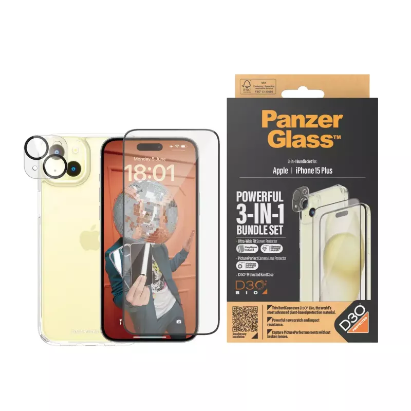 PanzerGlass 3-in-1 -pakkaus iPhone 15 Plus iskunkestävä karkaistu lasi