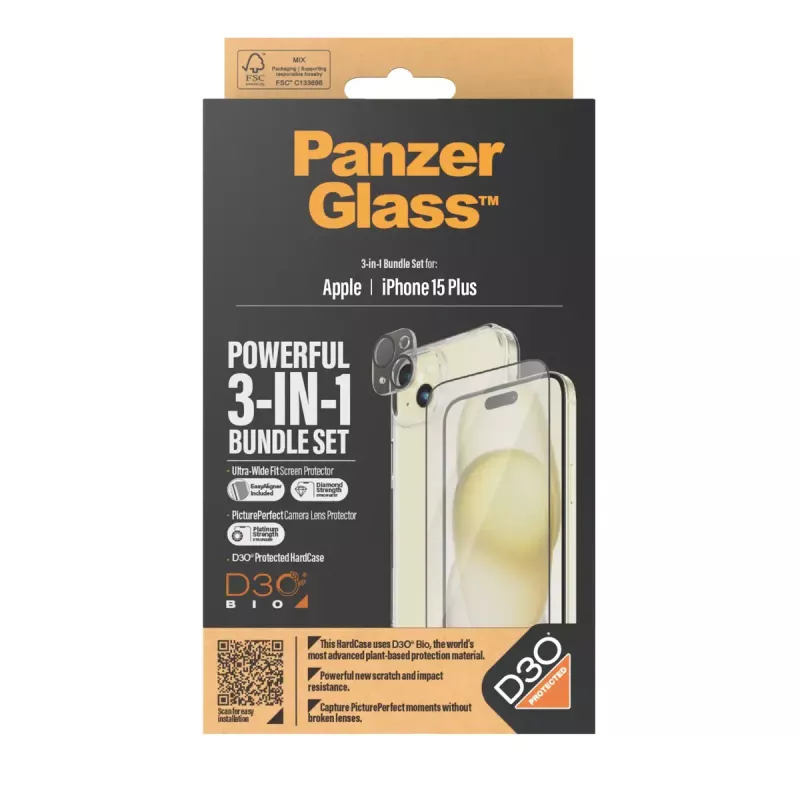 PanzerGlass 3-in-1 -pakkaus iPhone 15 Plus iskunkestävä karkaistu lasi