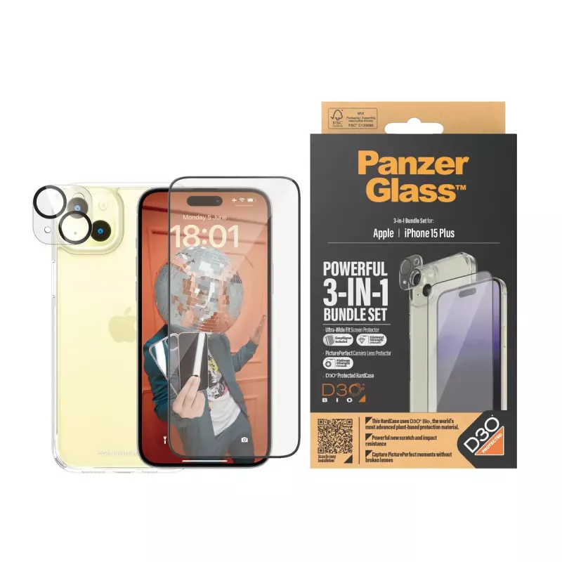 PanzerGlass 3-in-1 -pakkaus iPhone 15 Plus iskunkestävä karkaistu lasi