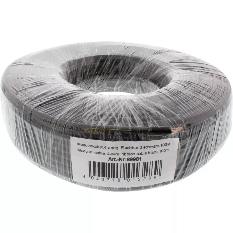 InLine modulaarikaapeli 4-johdin lattakaapeli musta 100 m rulla
