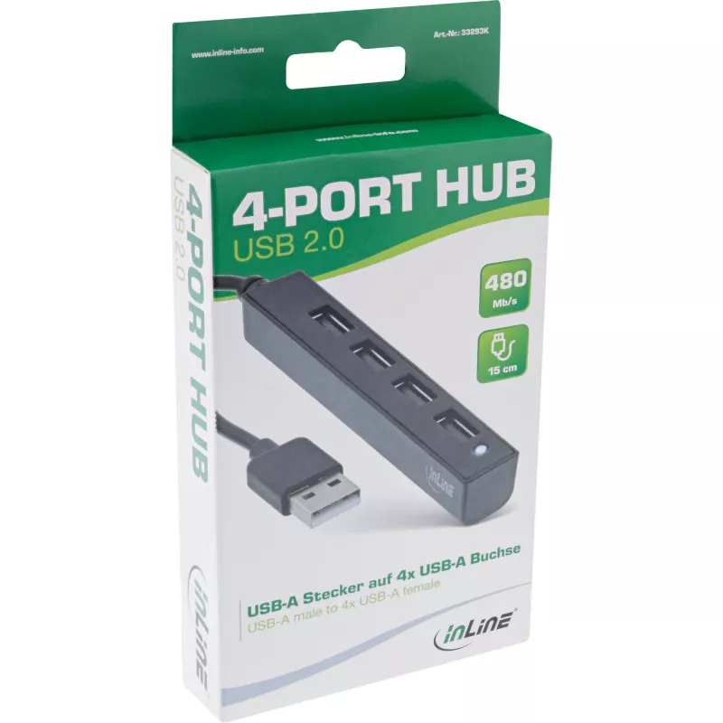 InLine USB 2.0 4-porttinen keskitin, USB-A-uros 4x USB-A-naaras, kaapeli 15cm