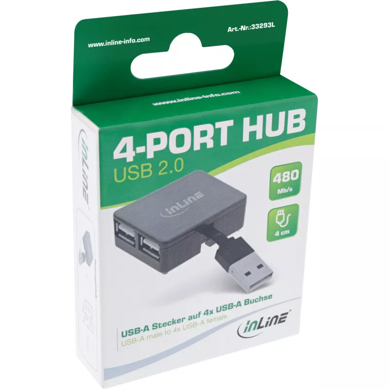 InLine USB 2.0 4-porttinen keskitin, USB-A-uros 4x USB-A-naaras, kaapeli 4cm