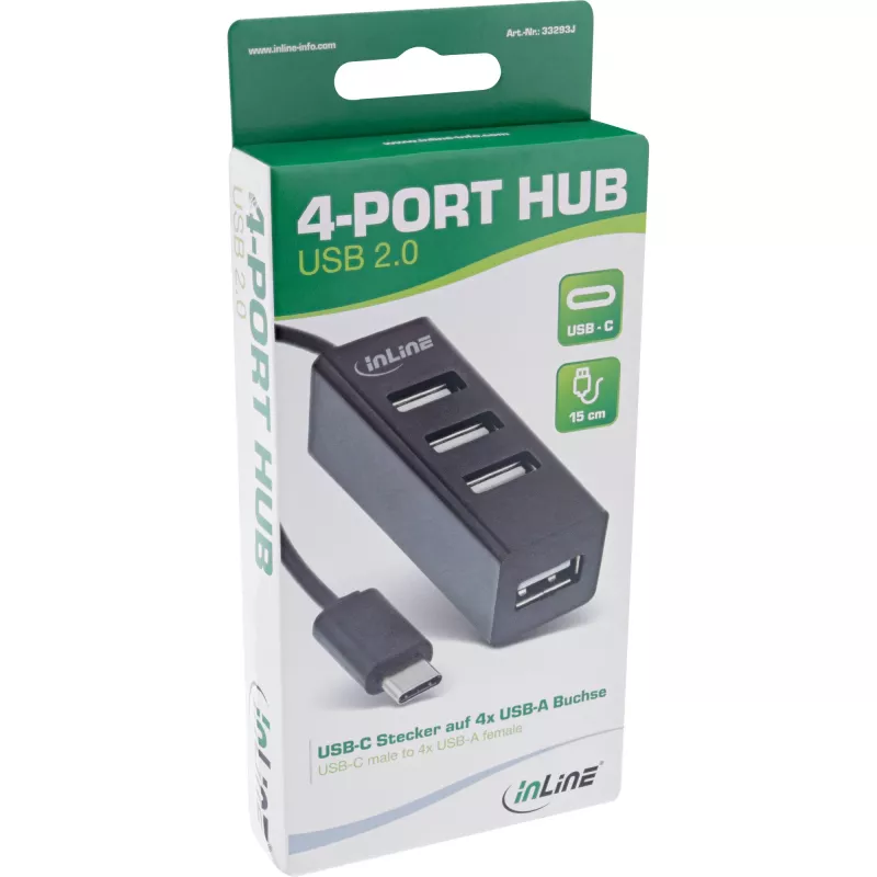 InLine USB 2.0 4-porttinen keskitin, USB-C-uros 4x USB-A-naaras, kaapeli 15cm