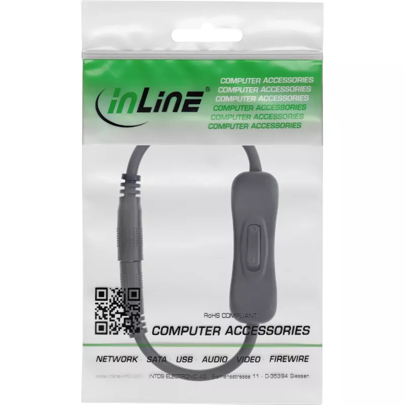 InLine DC-kaapeli kytkimellä, DC-pistoke/liitin 5,5x2,5 mm, AWG 18, musta, 0,20 m