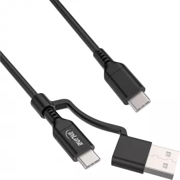InLine 2-in-1 USB-C-kaapeli + USB-A-adapteri, USB 2.0, 100W, TPE, musta, 2 m