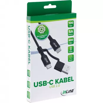 InLine 2-in-1 USB-C-kaapeli + USB-A-adapteri, USB 2.0, 100W, TPE, musta, 2 m