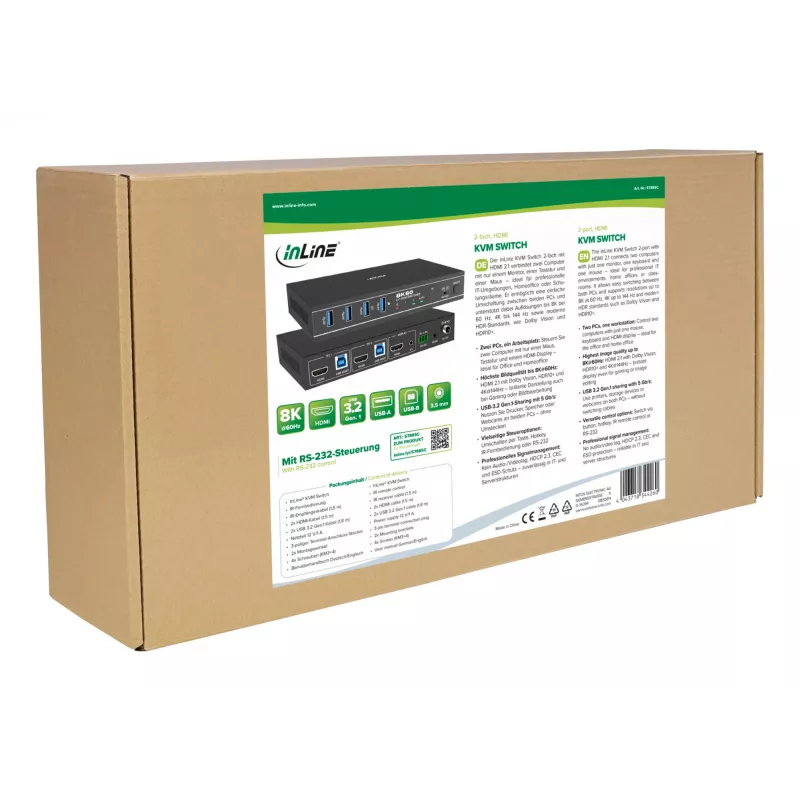 InLine 57885C KVM-kytkin, 2-porttinen, HDMI, 8K@60Hz, USB 3.2, IR:llä ja RS-232:lla
