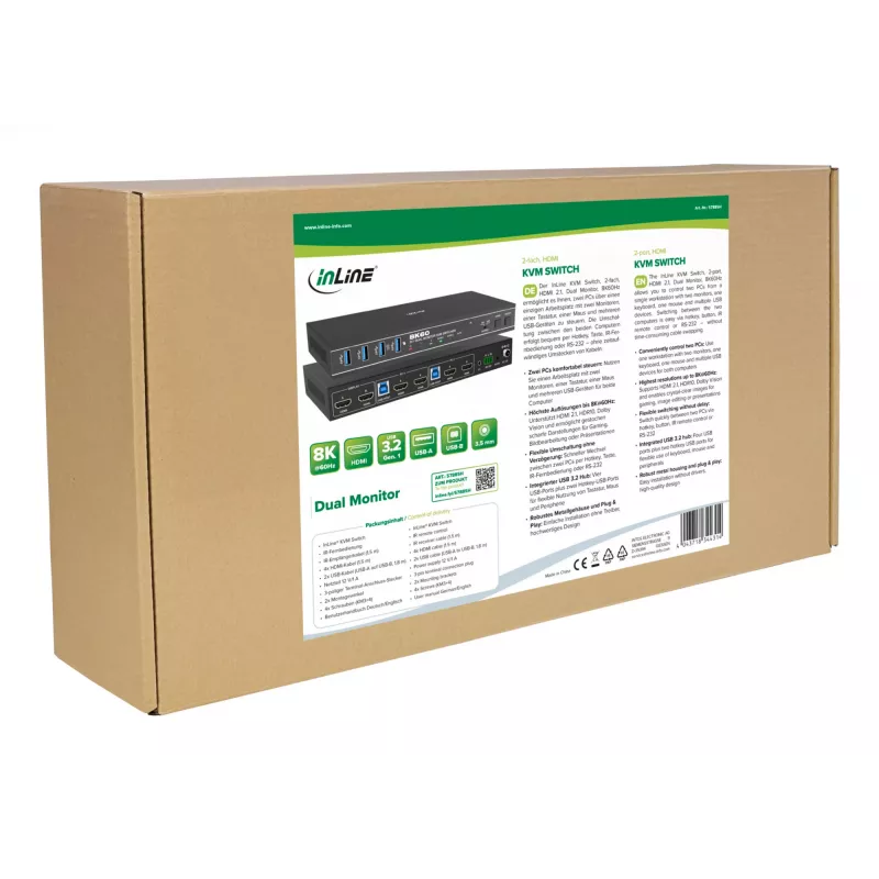 InLine 57885H KVM-kytkin, 2-tieinen, HDMI, kaksoisnäyttö, 8K60Hz, USB-hubi, musta