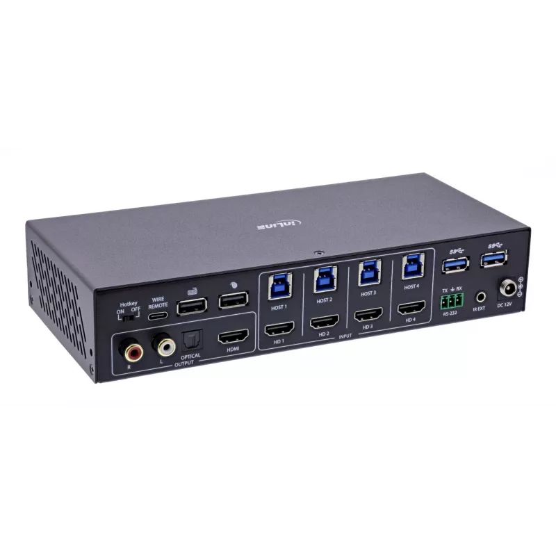 InLine 57885I KVM-kytkin, 4-tieinen, HDMI, 4K60Hz, multiviewer, USB-hubi, musta
