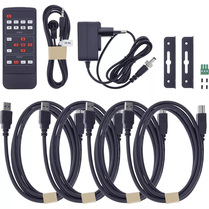 InLine 57885I KVM-kytkin, 4-tieinen, HDMI, 4K60Hz, multiviewer, USB-hubi, musta