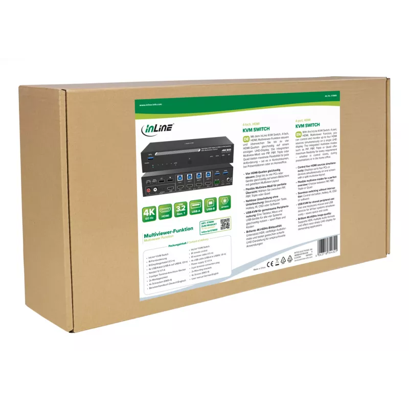 InLine 57885I KVM-kytkin, 4-tieinen, HDMI, 4K60Hz, multiviewer, USB-hubi, musta