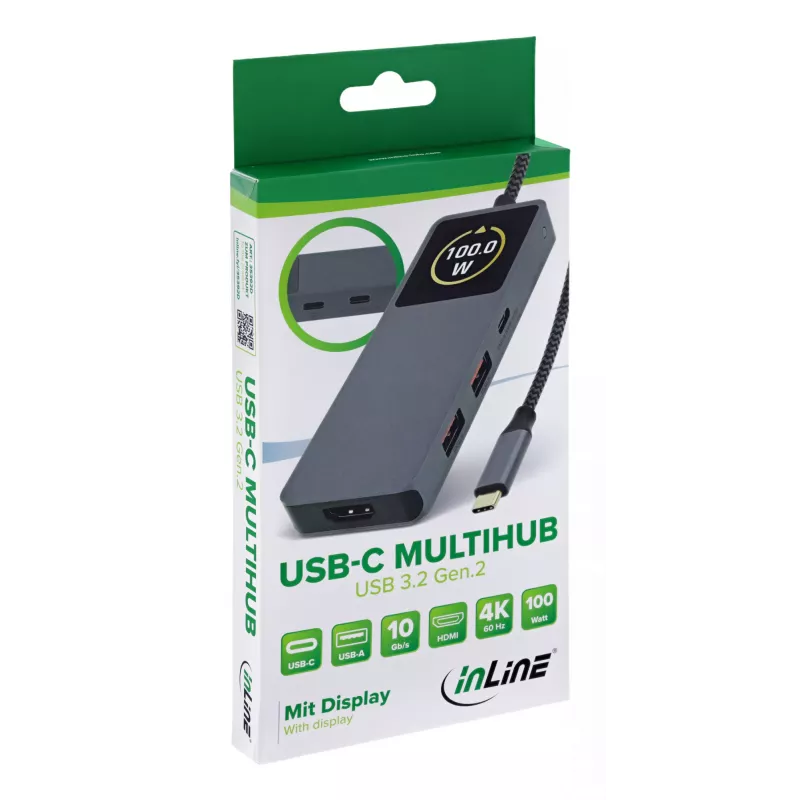 USB-C-keskitin InLine 35392D USB 3.2 Gen 2 Type-C isäntä HDMI, USB-A, USB-C 10000 Mbit/s harmaa