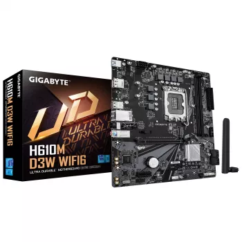GIGABYTE H610M D3W WIFI6 emolevy – tukee Intel Core 14. sukupolven CPU:ita, 5+1+1 vaihe VRM, jopa 5600 MHz DDR4, 1x PCIe 3.0 M.2, Wi-Fi 6, 1GbE LAN, USB 3.2 Gen 1