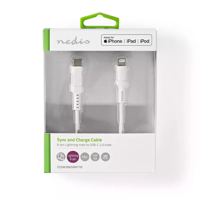 Lightning-kaapeli Nedis CCGW39650WT10 1 m valkoinen USB-C