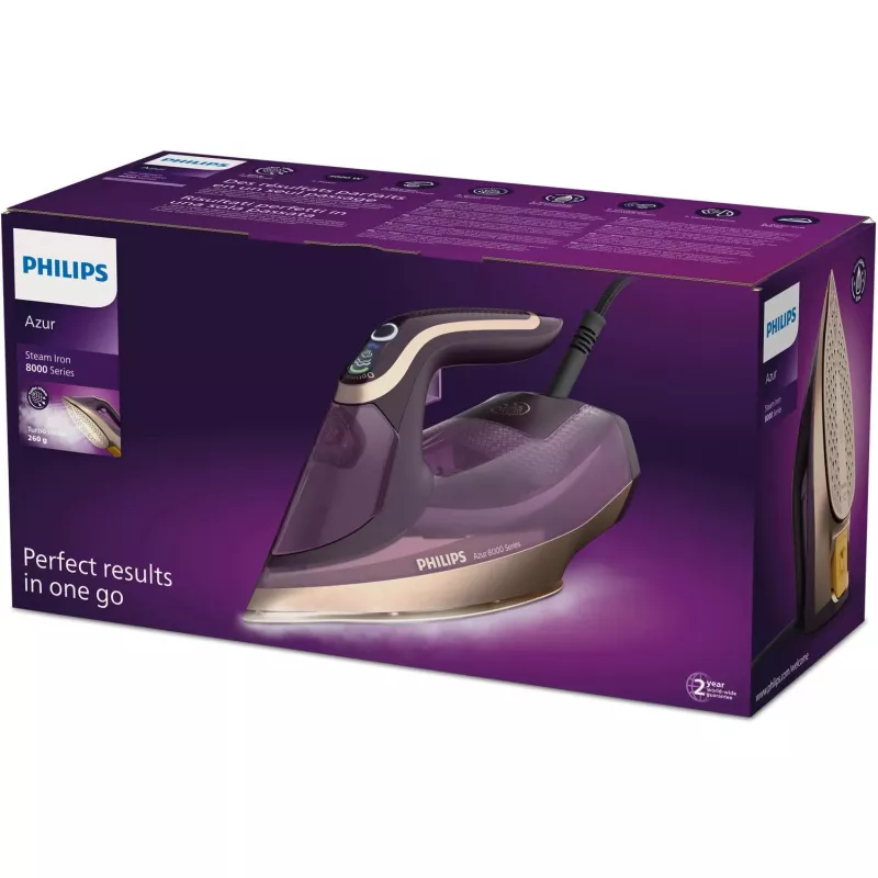Philips DST8040/30 Azur 8000 Series höyrysilitysrauta, 3000 W, 0,35 L vesisäiliö, SteamGlide Elite -pohja, pystyhöyry, 80 g/min, 260 g/min höyrysuihku, tummanvioletti