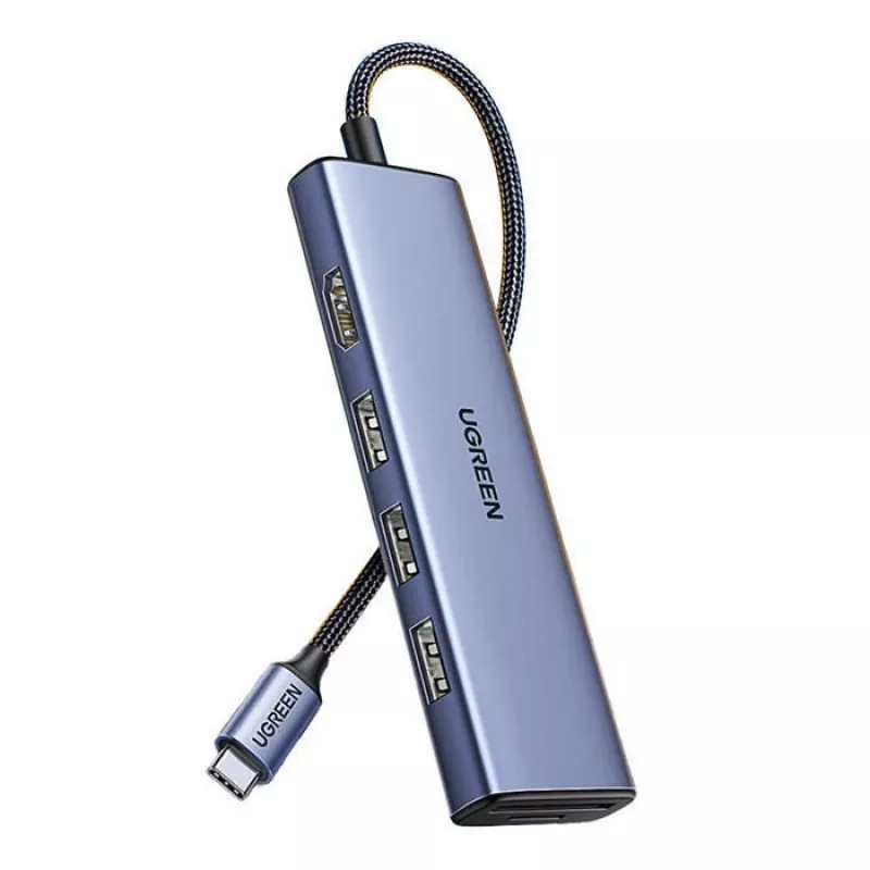 UGREEN 20956A Revodok CM511 6-in-1 USB-C-hubi, HDMI, 3x USB-A 3.0, SD/TF, 5 Gbps, hopea