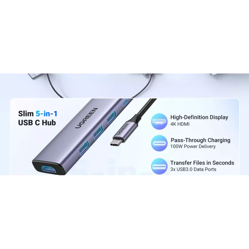 UGREEN 20956A Revodok CM511 6-in-1 USB-C-hubi, HDMI, 3x USB-A 3.0, SD/TF, 5 Gbps, hopea