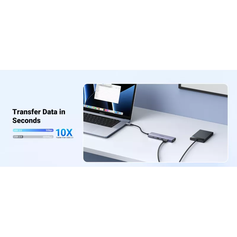 UGREEN 20956A Revodok CM511 6-in-1 USB-C-hubi, HDMI, 3x USB-A 3.0, SD/TF, 5 Gbps, hopea