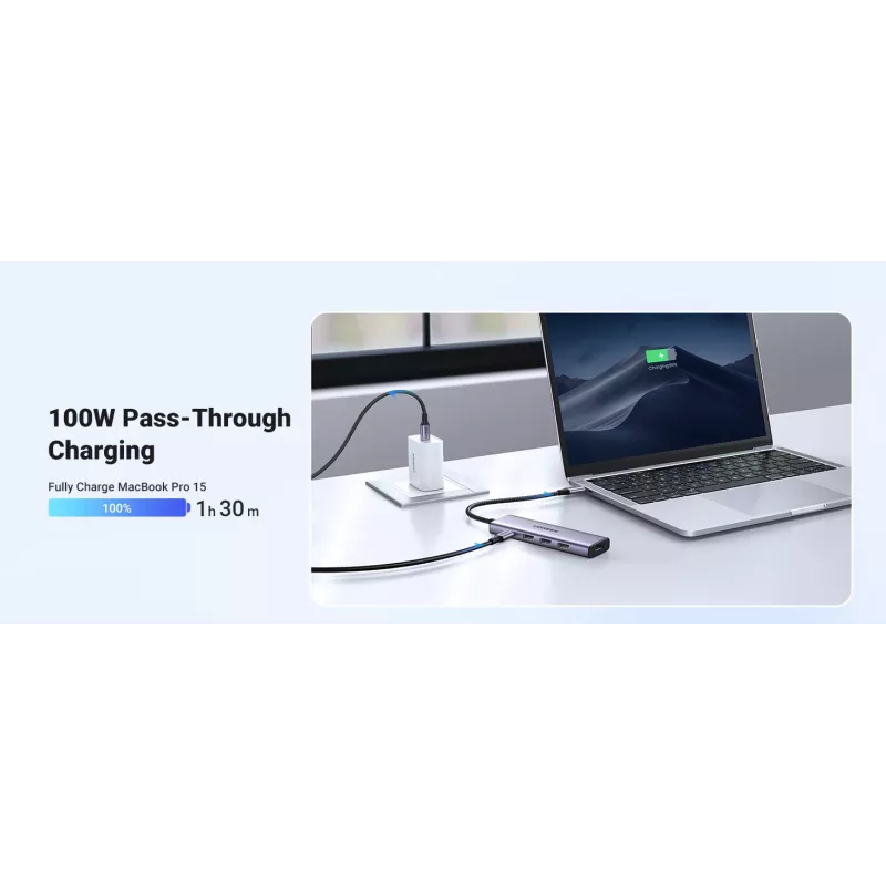 UGREEN 20956A Revodok CM511 6-in-1 USB-C-hubi, HDMI, 3x USB-A 3.0, SD/TF, 5 Gbps, hopea