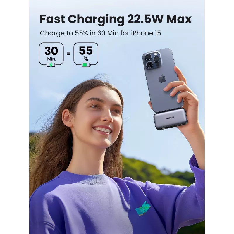 Varavirtalähde UGREEN 35338, 5000 mAh, harmaa, kannettava akku älypuhelimille, yhden laitteen lähtö