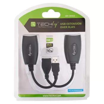 Techly IUSB-EXTENDTY5 USB-jatko Cat.5e/6-kaapelilla jopa 50 m, USB Type-A - RJ-45, USB 1.1, ilman virtalähdettä, musta