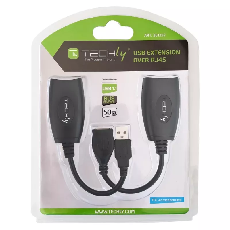 Techly IUSB-EXTENDTY5 USB-jatkolaite Cat.5e/6-kaapelilla enintään 50 m, USB–RJ-45, musta