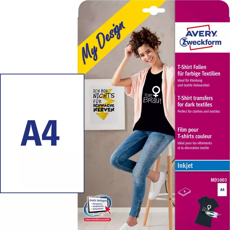 Avery MD1003 -siirtokuva tekstiileihin mustesuihku valkoinen 210x297mm 4 kpl