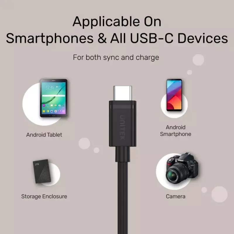 USB-C - USB-C -kaapeli Unitek Y-C477BK01-2M, USB 3.2 Gen 1, 2 m, 5 Gbit/s, PD 60 W, musta