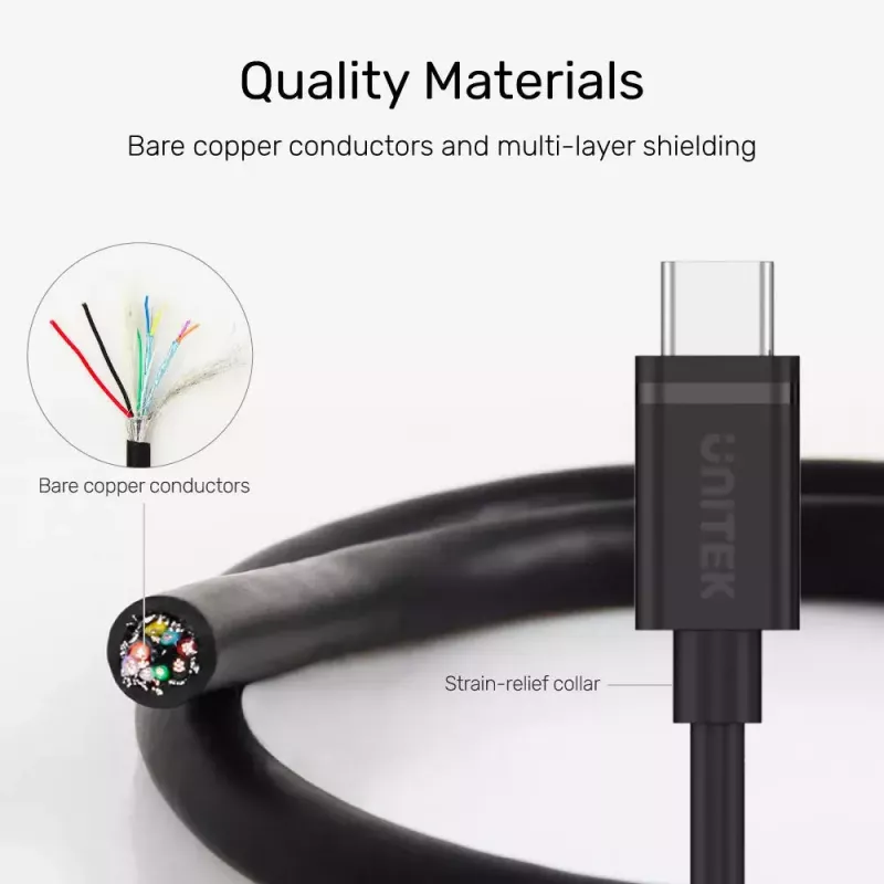 USB-C - USB-C -kaapeli Unitek Y-C477BK01-2M, USB 3.2 Gen 1, 2 m, 5 Gbit/s, PD 60 W, musta