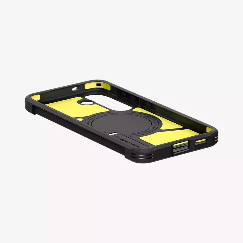 Spigen Galaxy S25 kotelo Tough Armor AI musta suojakotelo pöytätelineellä