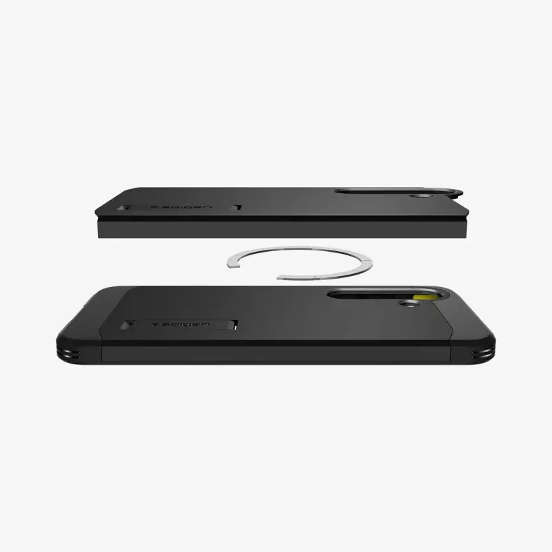 Spigen Galaxy S25 kotelo Tough Armor AI musta suojakotelo pöytätelineellä